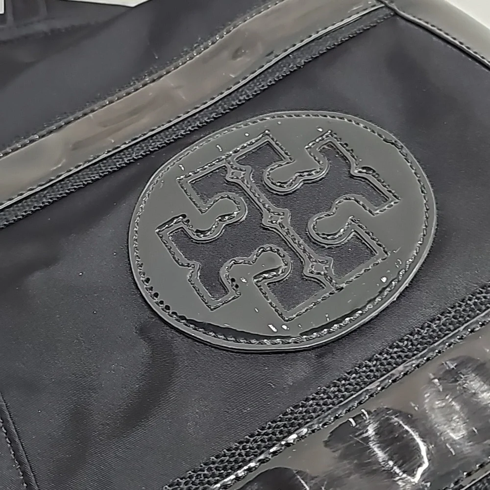 Tory Burch Big Nylon Black Handbag with patent leather triming and logo